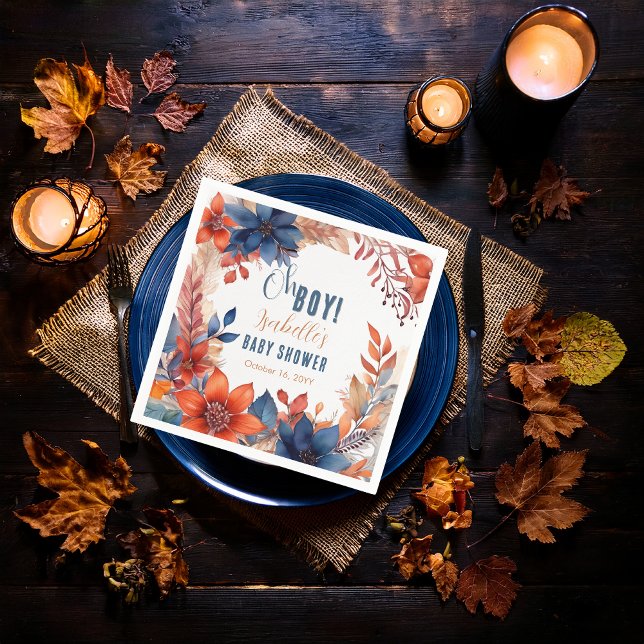 Blue | Terracotta Oh Boy Fall Floral Baby Shower Napkin (Boho Blue and Terracotta Fall |  Autumn Floral "Oh Boy!" Baby Shower Paper Napkins)