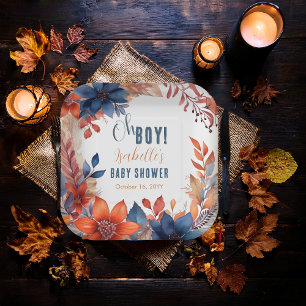 Blue Terracotta Oh Boy Fall Floral Baby Shower Paper Plate