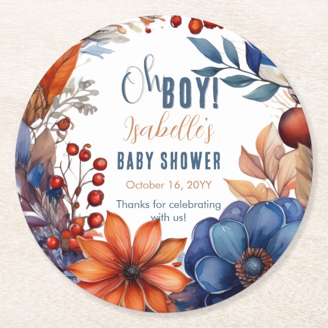 Blue | Terracotta Oh Boy Fall Floral Baby Shower Round Paper Coaster (Front)