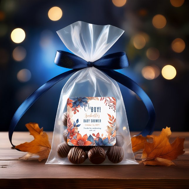 Blue | Terracotta Oh Boy Fall Floral Baby Shower Square Sticker (Boho Blue and Terracotta Fall |  Autumn Floral "Oh Boy!" Baby Shower Favor Square Stickers)