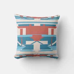 Blue Terracotta Red on Beige Southwest Look Mosaic Cushion