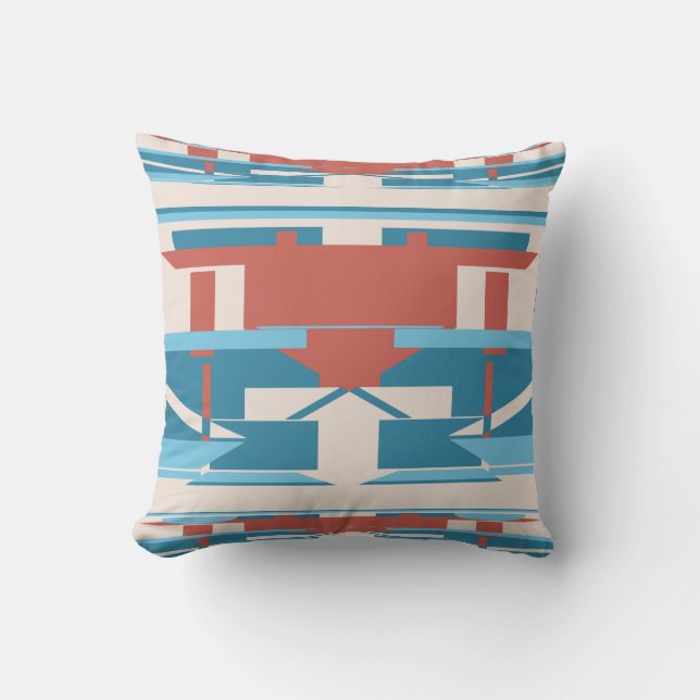 Blue Terracotta Red on Beige Southwest Look Mosaic Cushion (Front)
