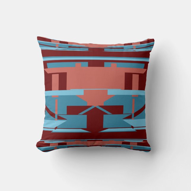 Blue Terracotta Red on Burgundy Southwest Mosaic Cushion (Front)