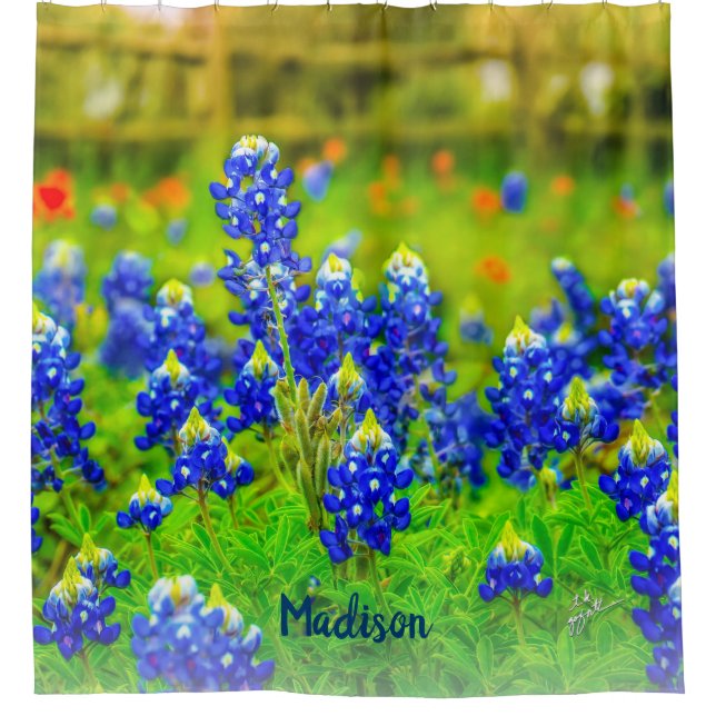 Blue Texas Bluebonnets Floral Paintbrush Flowers Shower Curtain (Front)