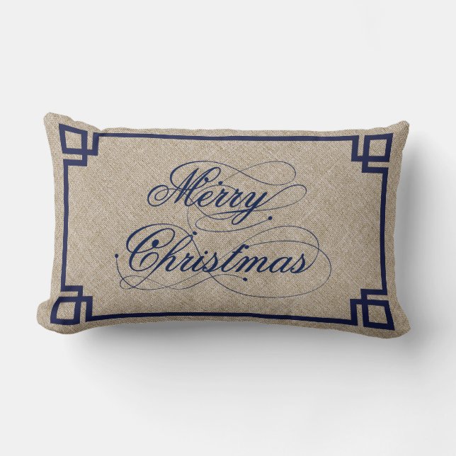 Blue Text & Beige Linen Marry Christmas Lumbar Cushion (Front)