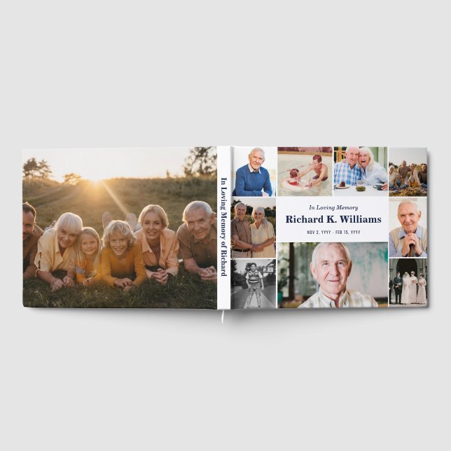 Blue Text Border of 10 Photos Celebrating the Life Guest Book (Full)