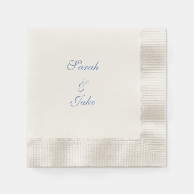 Blue Text Cream Wedding Coined Napkin (Front)