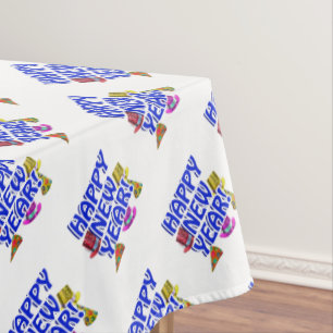 Blue Text Party Hats Happy New Year Tablecloth
