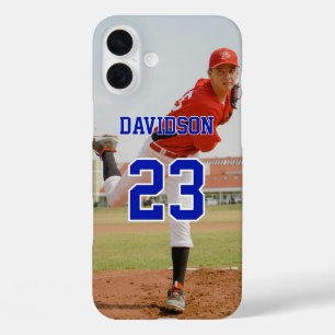 Blue Text Photo Name Jersey Number Custom iPhone 16 Plus Case
