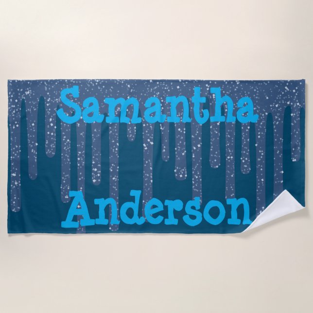 Blue Text Sparkly Wax Personalised Beach Towel (Front)
