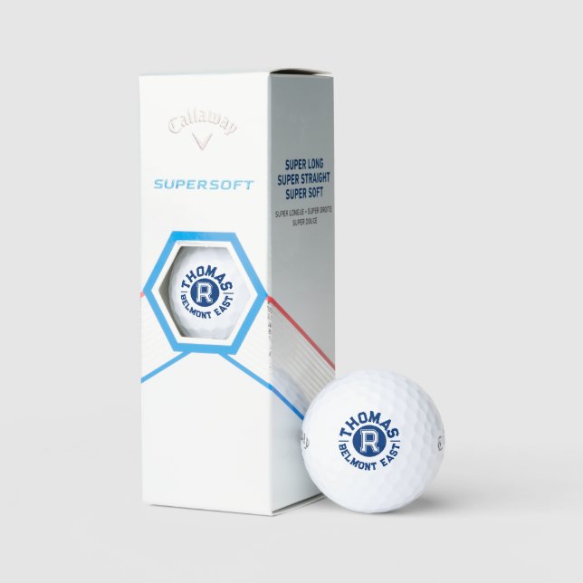 Blue text sports custom monogram name and team golf balls (Packaging)