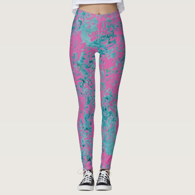 Blue texture on top of a pink solid colour. leggings (Front)