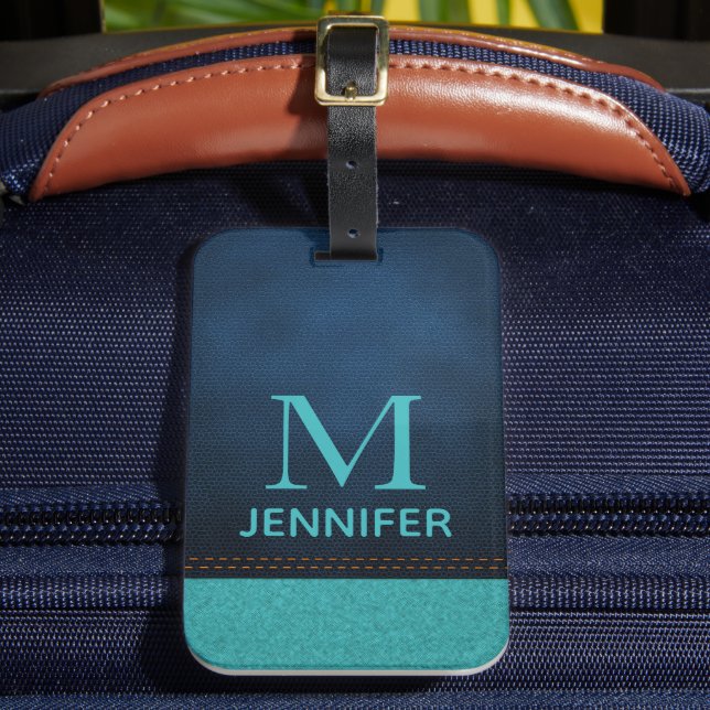 Blue Textured Leather Monogram Personalised Name Luggage Tag (Front Insitu 2)