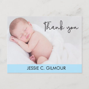 Blue Thank You Baby Birth Announcement Script text Postcard
