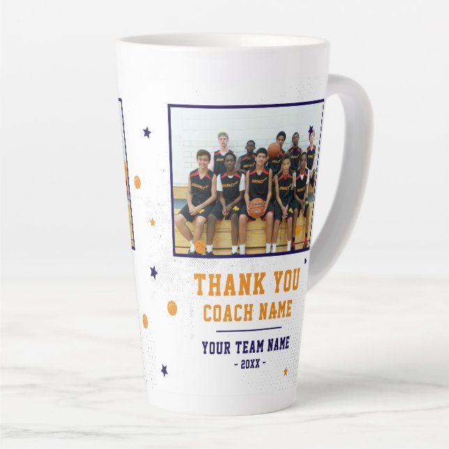 Blue Thank you Coach Team Name and Team Photo Latte Mug (Right Angle)