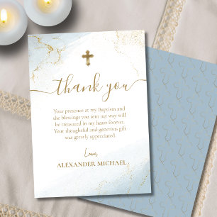 Blue Thank You Gold Cross Boy Baptism Card