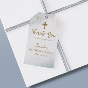 Blue Thank You Gold Cross Boy Confirmation Gift Tags