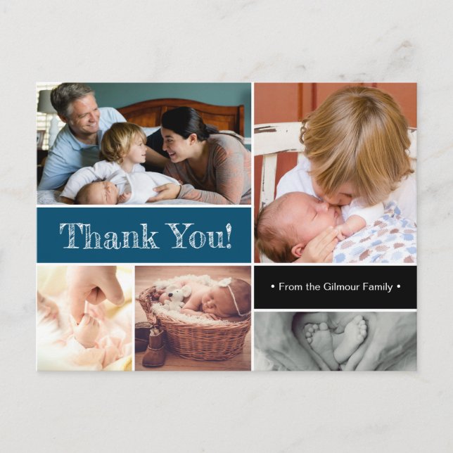 Blue Thank You Introducing Second baby Photos Announcement Postcard (Front)