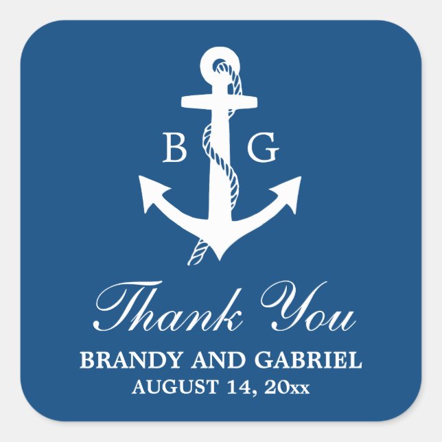 Blue Thank You Nautical Monogram Wedding Stickers (Front)