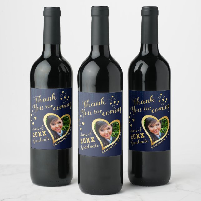 Blue Thank You Photo Graduation Party Favour Wine Label (Bottles)