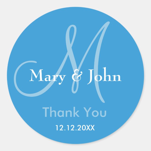Blue Thank You Wedding Monogram Sticker (Front)