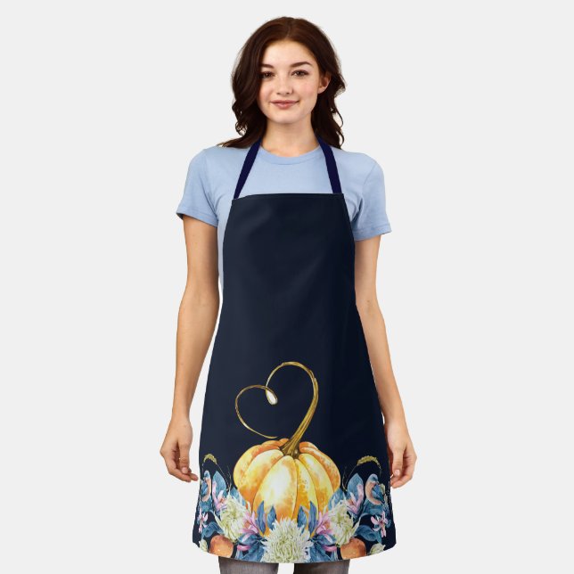 Blue Thanksgiving Pumpkin Floral Apron (Worn)