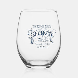 Blue The Wedding Ceremony Vintage Typography Stemless Wine Glass