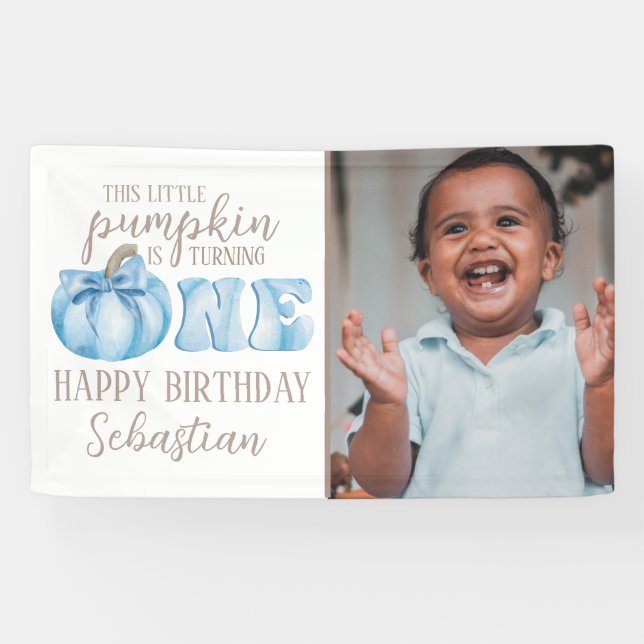Blue This Little Pumpkin Photo 1st Birthday Party Banner (Horizontal)