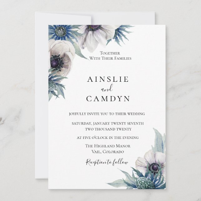 Blue Thistle Anemone Wedding Invitation (Front)