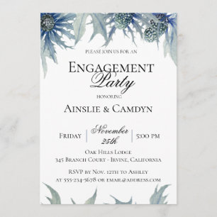 Blue Thistle Botanical Engagement Party Invitation