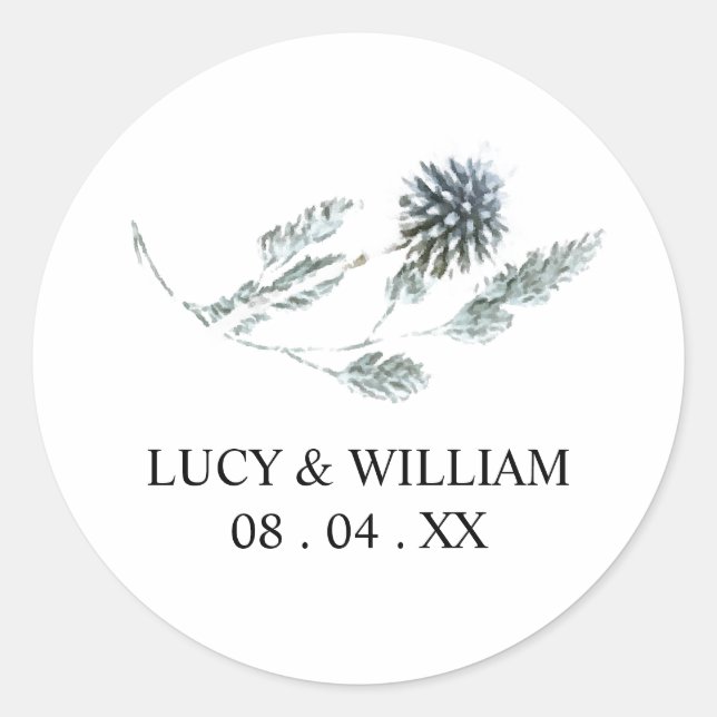 Blue thistle botanical floral wedding thank you  classic round sticker (Front)
