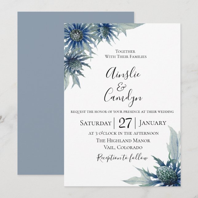 Blue Thistle  Botanical Wedding Invitation (Front/Back)