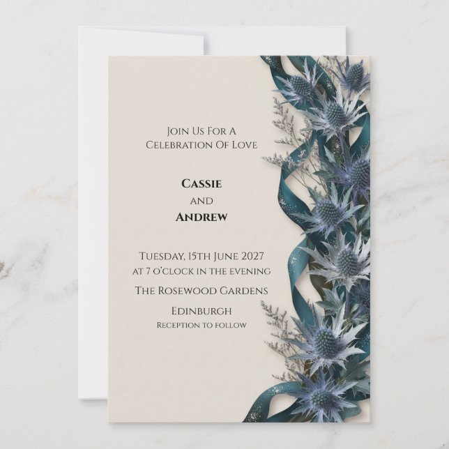 Blue Thistle Botanical Wedding Invitation (Front)