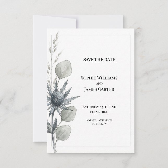 Blue Thistle Eucalyptus Wedding Save The Date (Front)