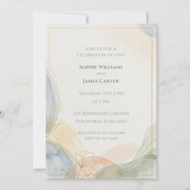 Blue Thistle Line Art Wedding Invitation (Front)