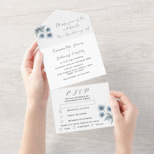 Blue Thistle Scottish Simple Floral Wedding All In One Invitation