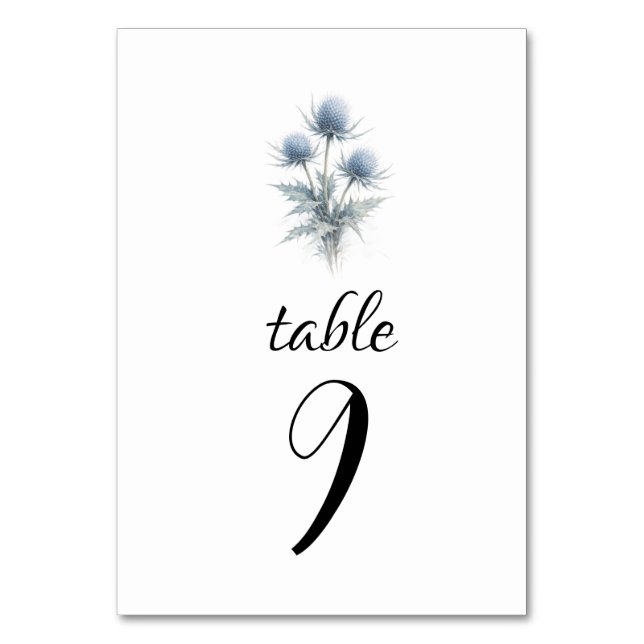 Blue Thistle Scottish Simple Floral Wedding Table Number (Front)