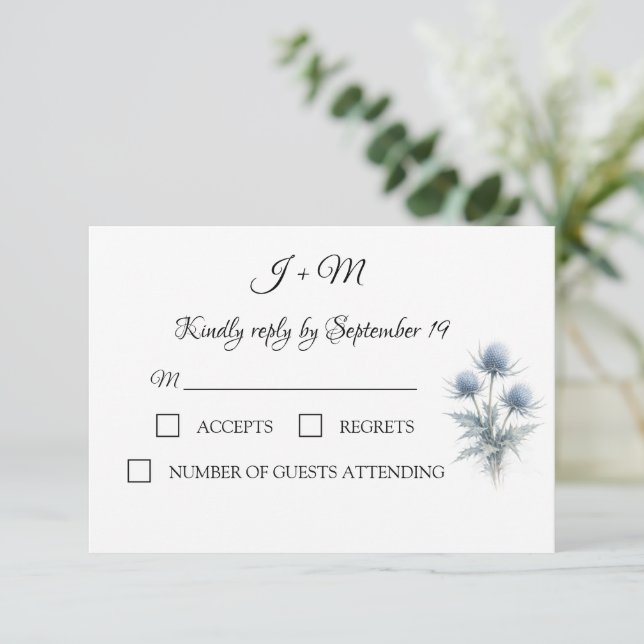 Blue Thistle Scottish Simple Wedding RSVP Card (Standing Front)