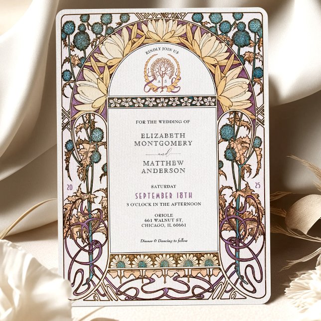 Blue Thistles Vintage Art Nouveau Wedding Invitation (Creator Uploaded)