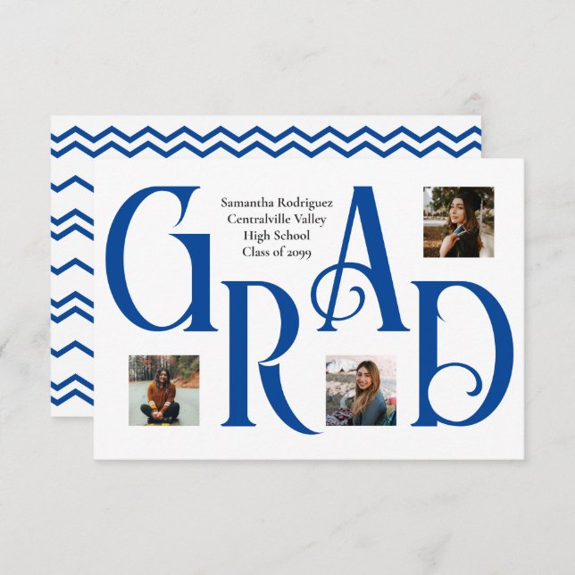 Blue Three-Photo Classic & Bold GRAD Letter Announcement (Front/Back)