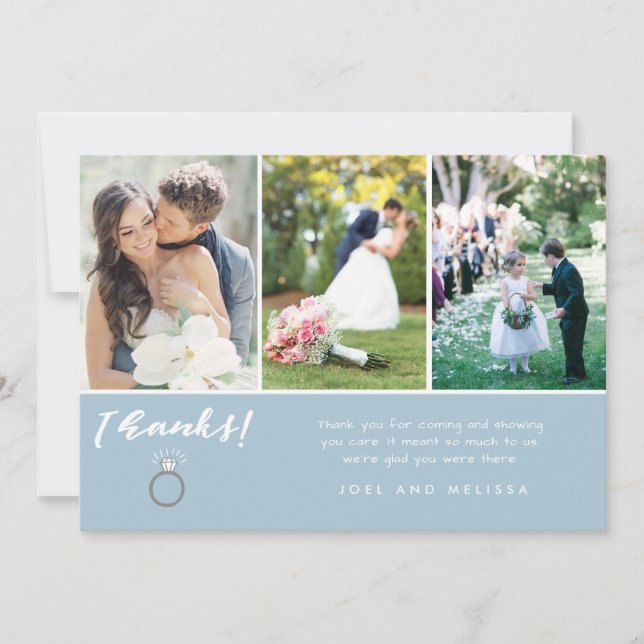 Blue Three Photo Collage Wedding Thank You Card (Front)