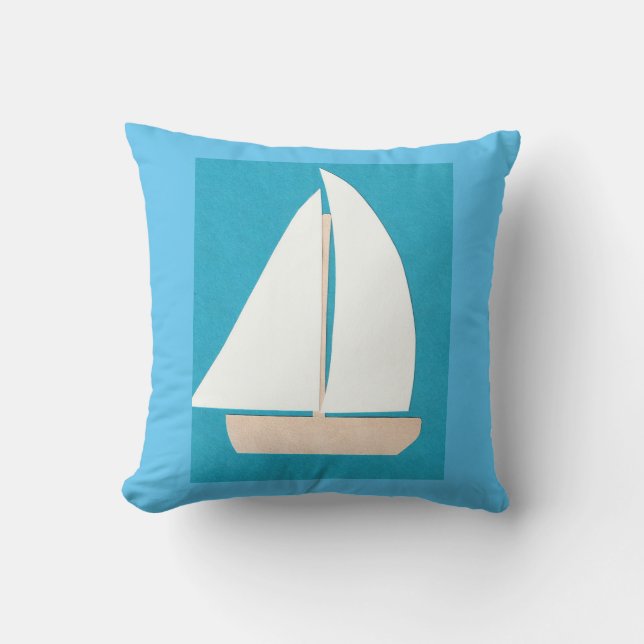 Blue Throw Pillow with Sailboat Design (Front)