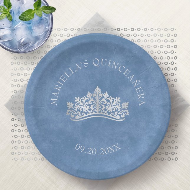 Blue Tiara Crown Elegant Quinceanera Paper Plate (Creator Uploaded)