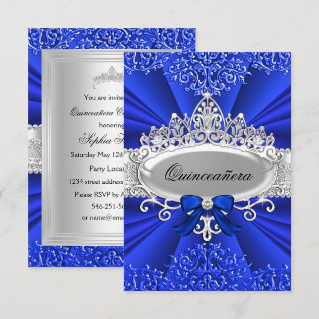Blue Tiara & Damask Quinceanera Invite (Front/Back)