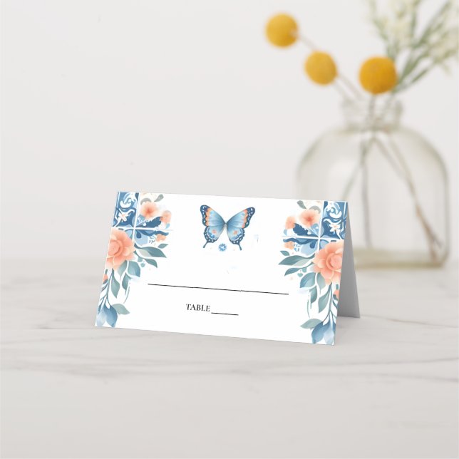 Blue Tiara Family Latina Girly Spanish Quinceanera Place Card (Front)