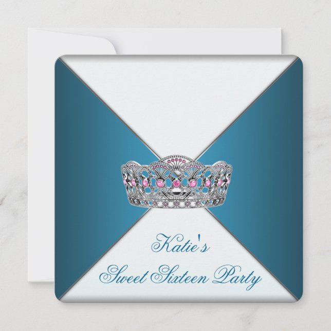 Blue Tiara Sweet Sixteen Birthday Party Invitation (Front)