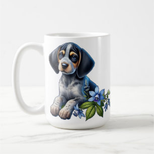 Blue Tick Hound Puppy with Delicate Blue Flowers Coffee Mug