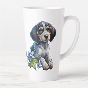 Blue Tick Hound Puppy with Delicate Blue Flowers Latte Mug