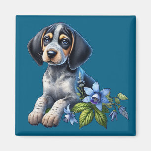 Blue Tick Hound Puppy with Delicate Blue Flowers Magnet