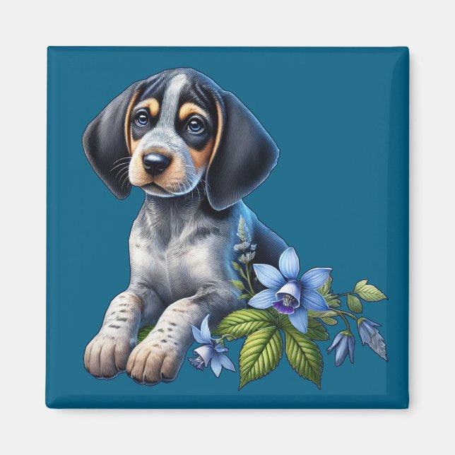 Blue Tick Hound Puppy with Delicate Blue Flowers Magnet (Front)